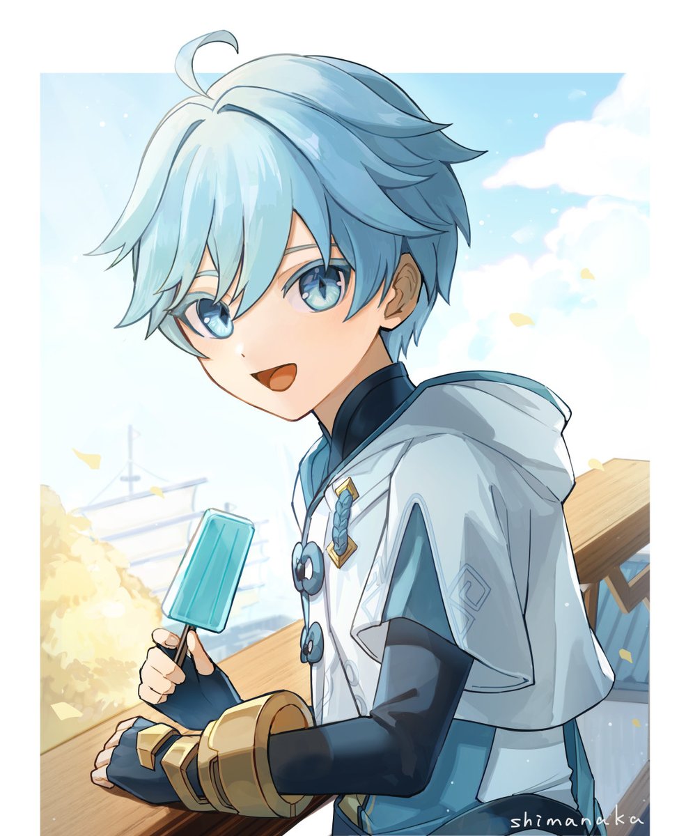 chongyun (genshin impact) 1boy male focus food blue eyes popsicle blue hair open mouth  illustration images