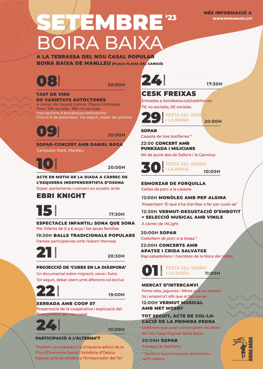 🗓️ Presentem la programació de setembre a la terrassa de la nostra futura seu (plaça Flama del Canigó de #Manlleu)!

🎵 Concerts amb @ceskfreixas, <a href="/EbriKnight/">Ebri Knight</a> i més, xerrades, tasts, sopars, projeccions de documentals, Festa del Verro i la Birra...

ℹ️ boirabaixa.cat/2023/09/07/pre…