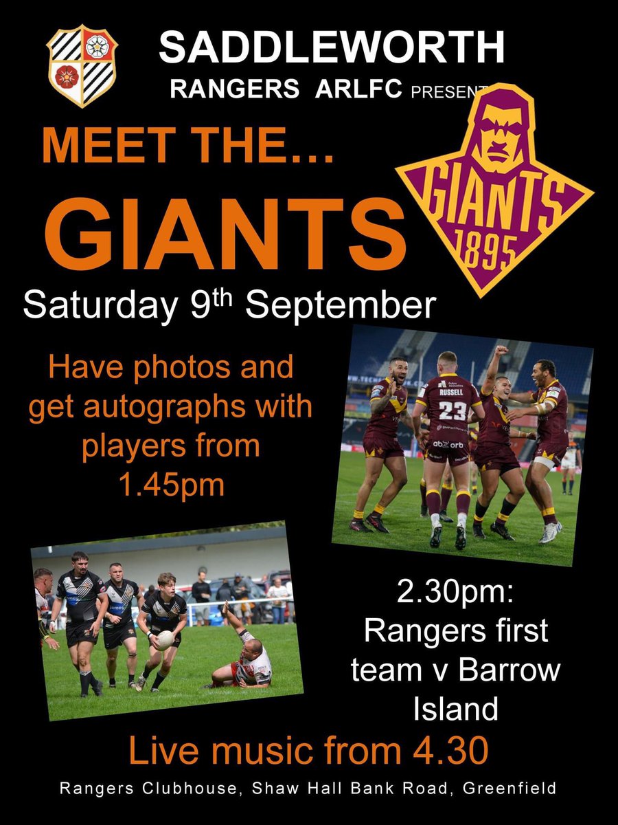 SaddRangers's tweet photo. 241, this Saturday 9 September @OfficialNCL @WestYorksRL starting at 12:45 @westbowlingrlfc at 14:30 Div Two @BarrowIslandARL That's not all, meet up with @Giantsrl From 4:30 let's party with Tony Wood @_bandofgypsies https://t.co/bBgopZK3SZ