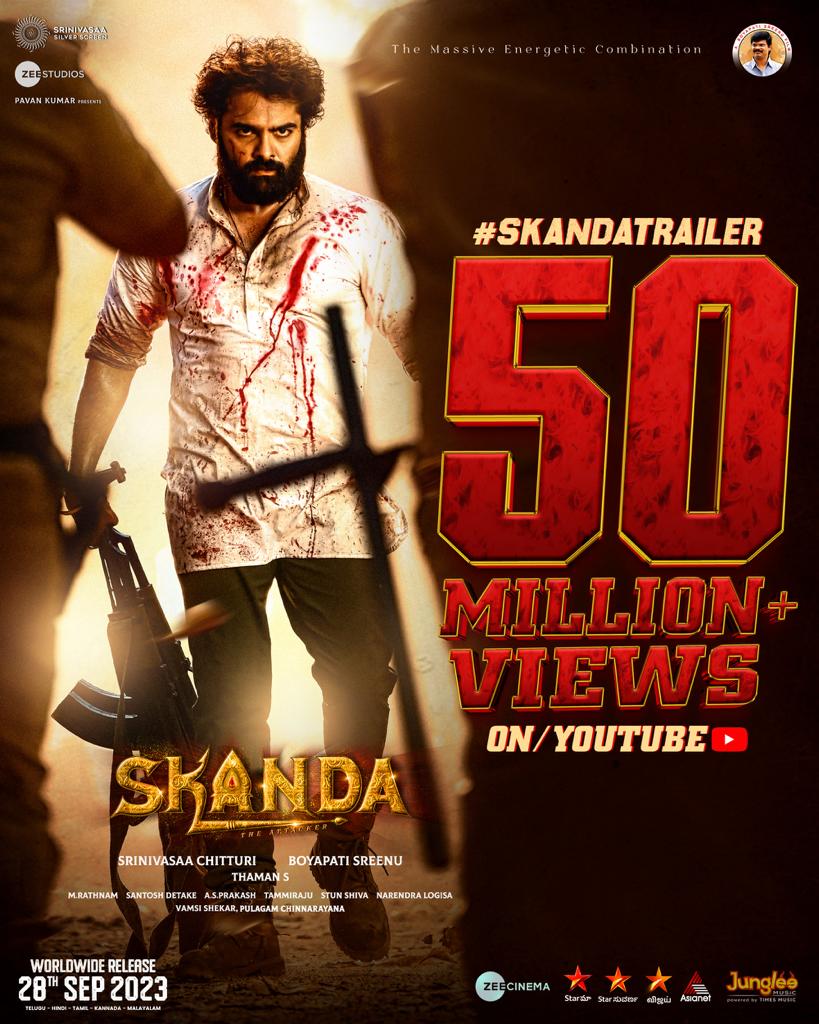 A Massive Milestone!!❤️‍🔥 #SkandaTrailer rage hits 50 Million+ Views on YouTube💥 - linktr.ee/SkandaTrailer #SkandaOnSep28 in Telugu, Hindi, Tamil, Malayalam & Kannada!❤️ Ustaad @ramsayz @sreeleela14 #BoyapatiSreenu @saieemmanjrekar @MusicThaman @srinivasaaoffl @SS_Screens…