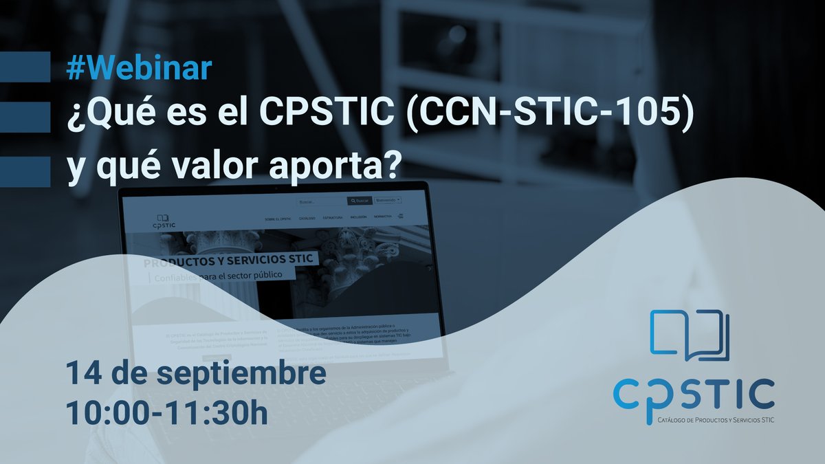 CCN-CERT (@ccncert) on Twitter photo El próximo 14 de septiembre a las 10:00 h el <a href="/CCNPYTEC/">CCN-PYTEC</a> participará en el #webinar "¿Qué es el CPSTIC y qué valor aporta?", organizado por <a href="/opennac/">OpenNAC Enterprise by Cipherbit - Grupo Oesía</a>, para ofrecer todos los detalles del Catálogo de Productos y Servicios de Seguridad TIC del CCN.
Inscripción: opencloudfactory-6827605.hs-sites.com/que-es-el-cpst… El próximo 14 de septiembre a las 10:00 h el <a href="/CCNPYTEC/">CCN-PYTEC</a> participará en el #webinar "¿Qué es el CPSTIC y qué valor aporta?", organizado por <a href="/opennac/">OpenNAC Enterprise by Cipherbit - Grupo Oesía</a>, para ofrecer todos los detalles del Catálogo de Productos y Servicios de Seguridad TIC del CCN.
Inscripción: opencloudfactory-6827605.hs-sites.com/que-es-el-cpst…