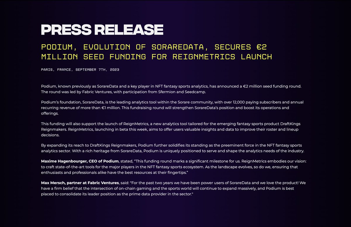 MaximeHg's tweet photo. It feels a bit surreal but I’m very happy to report that @SorareData, now part of @Podium_top, has raised 2M€ with @fabric_vc, @Sfermion_ and @seedcamp!

Very proud of the work achieved and so very grateful for our community, pushing us daily to deliver the best tools possible. https://t.co/jdrXvndJH0