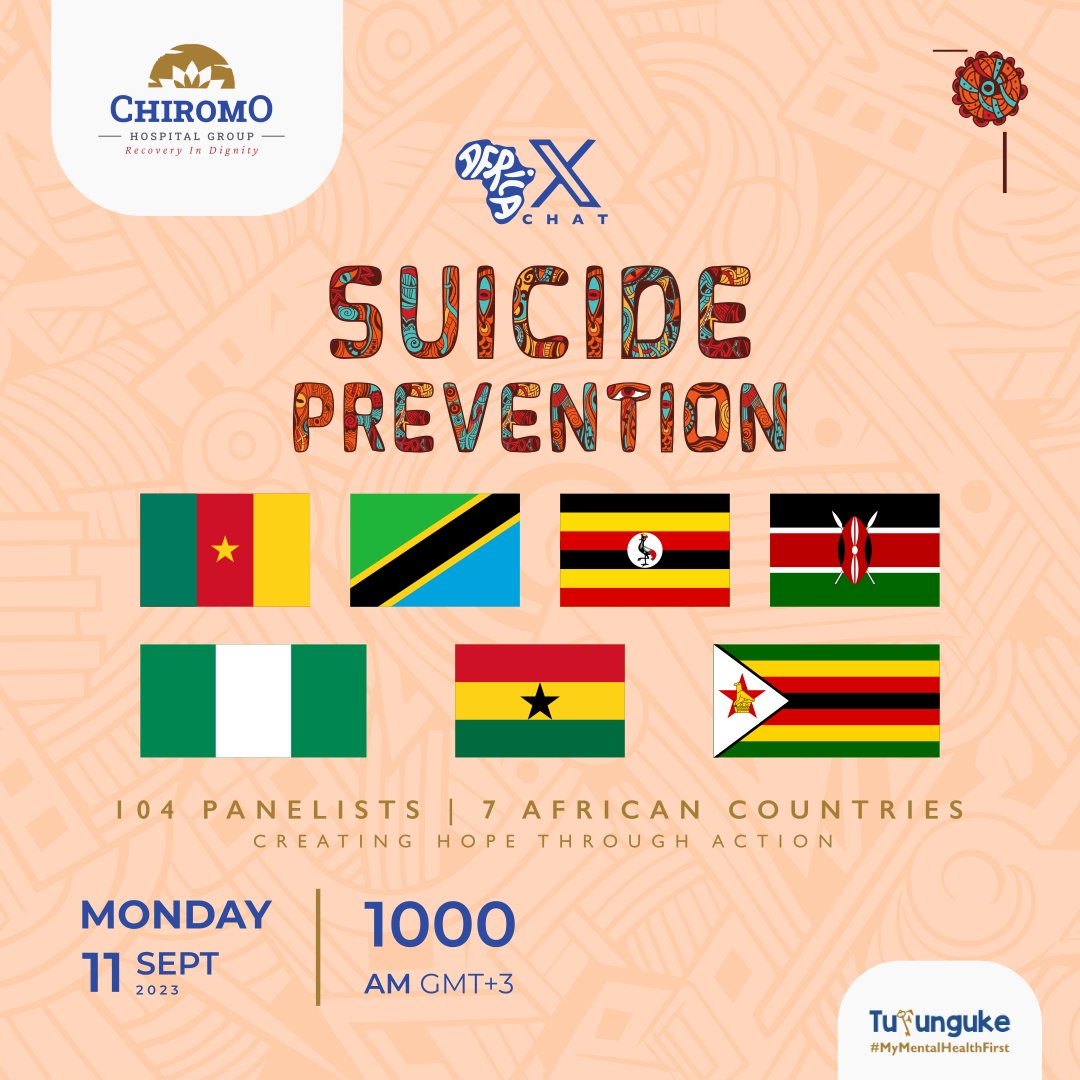 ChiromoHospGrp's tweet photo. Behold,  the most anticipated Africa X Chat XIV, where we demystify  #MentalHealth

Topic: Suicide Prevention - Creating hope through action.

With insights and expertise generously shared by over 100 Afro Panelists from more than 5 African Countries.

#Tufunguke
#Suicide https://t.co/q6Q01FwVWH