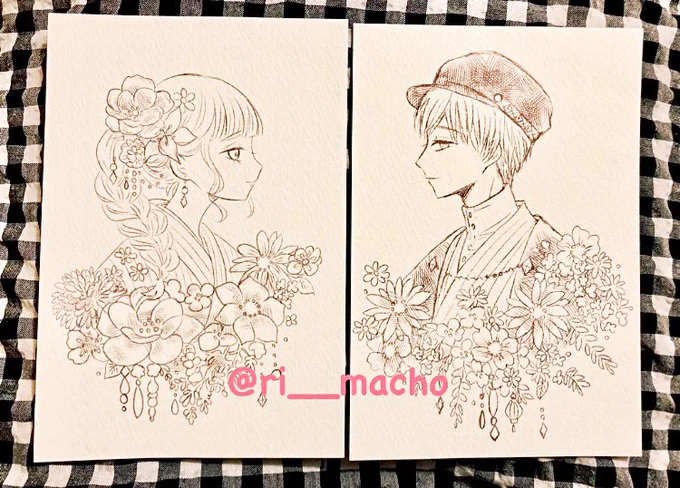 9月に開催の展示会用のイラストの線画がようやく完成しました🌸これから透明水彩で着彩します(*^^*) 
