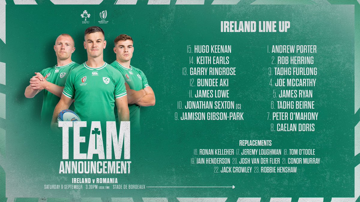 LesCompos's tweet photo. Les compos pour @IrishRugby - @RugbyRomania !
⏱️ Samedi, 15h30
🏟️ Matmut Atlantique, Bordeaux
📺 M6
👤 Nika Amashukeli
#IREvROM #IRLROU #RWC2023 https://t.co/Naw1SC0tQS