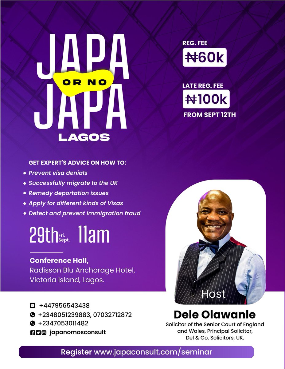 MovetotheUK's tweet photo. Lagos, Nigeria!
Get ready for redemption! 🔥🔥🔥
#JapaOrNoJapa is here to make sure you never fall for #immigrationscams,  #faketravelagents and #fakevisadocuments 
Sign up via https://t.co/FjiuZnnDdZ

#JapaOrNoJapa #ukimmigrationlawyer 
#immigrationseminar #lagos#deleolawanle https://t.co/xCmnpC0hhV