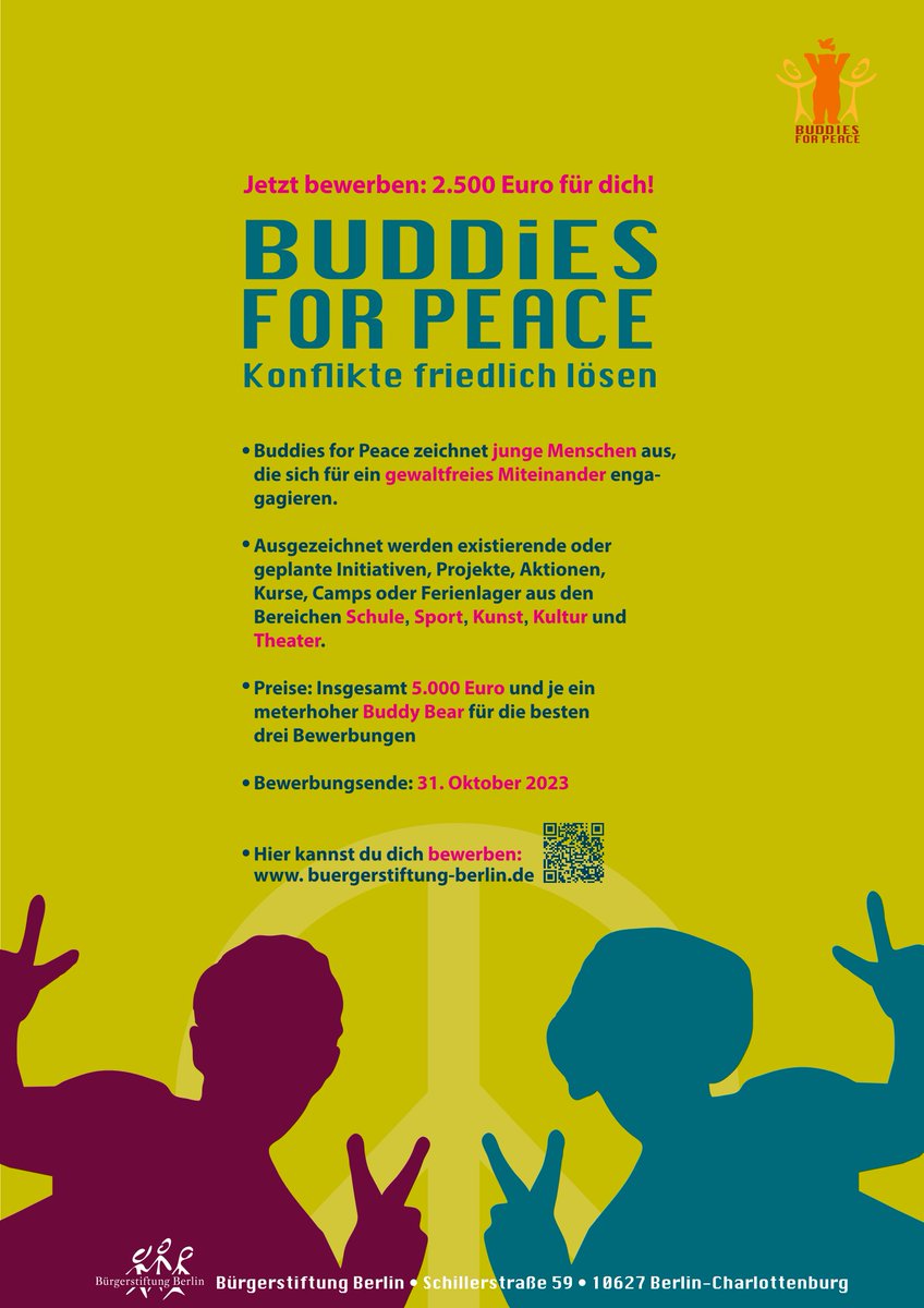 Mit dem Schülerpreis "Buddies for Peace" zeichnet die <a href="/BuergerStBerlin/">BürgerstiftungBerlin</a> Schulklassen oder Kinder- und Jugendgruppen aus, die sich für ein friedliches Miteinander einsetzen und Projekte für einen respektvollen Umgang entwickeln. Bis 31.10 bewerben unter➡️buergerstiftung-berlin.de/buddies-for-pe…