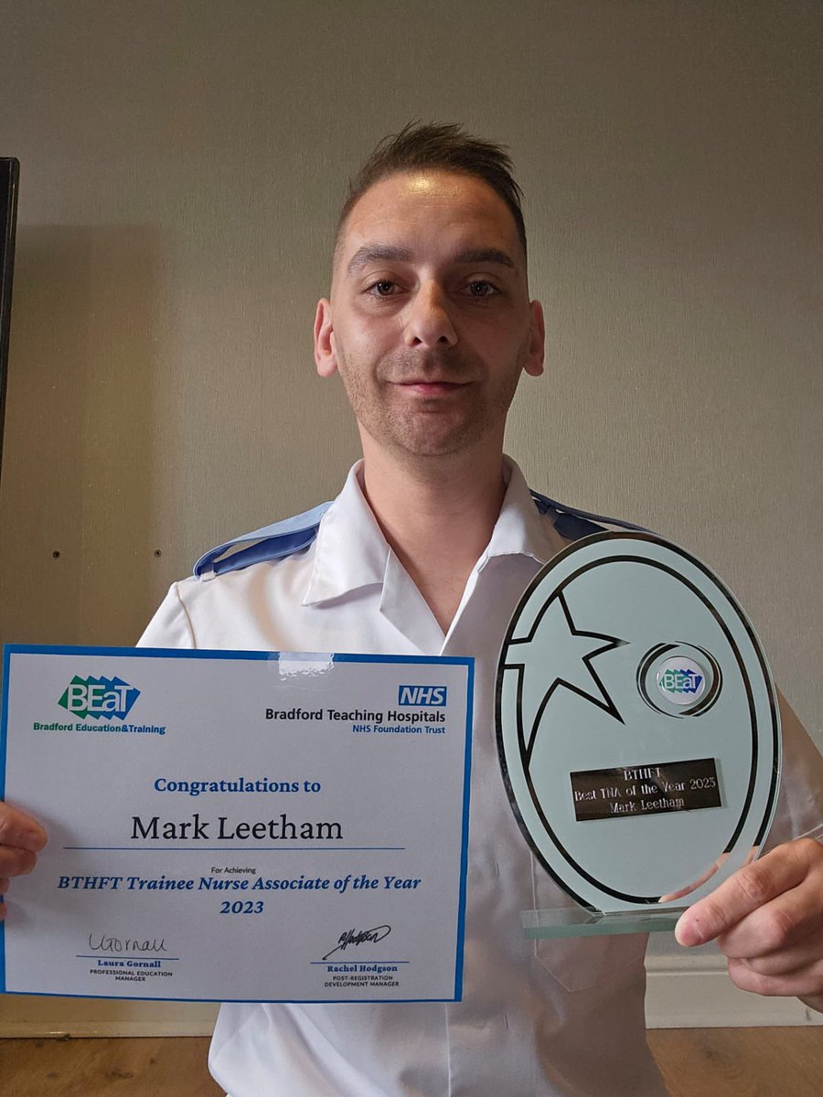 aedbthft's tweet photo. Congratulations to our TNA Mark Leetham for winning Trainee Nursing Associate of the year! Very well deserved!
The team are so grateful for all our RNA &amp; TNA’s. You go above and beyond and your hard work is appreciated by all. @Mel_Pickup @EmmaClintonAED @BTHFTPracticeEd 🏆🥇 https://t.co/pkeRozAjrA