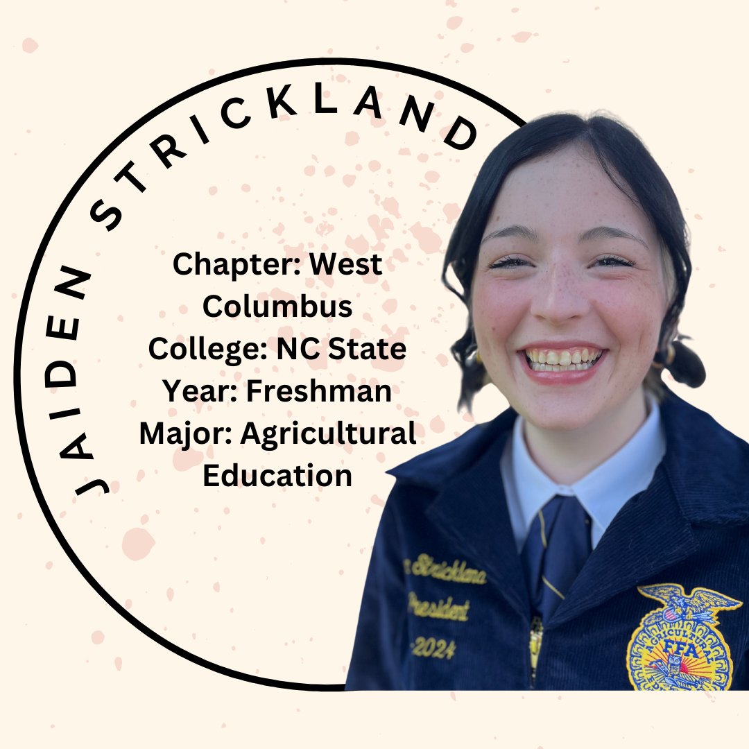 Our State Vice President at the Treasurer’s station is Ms. Jaiden Strickland. Jaiden is majoring in Agricultural Education at North Carolina State University. She is from the West Columbus FFA Chapter and loves animals. Currently she has 17 pets which include 6 different species!