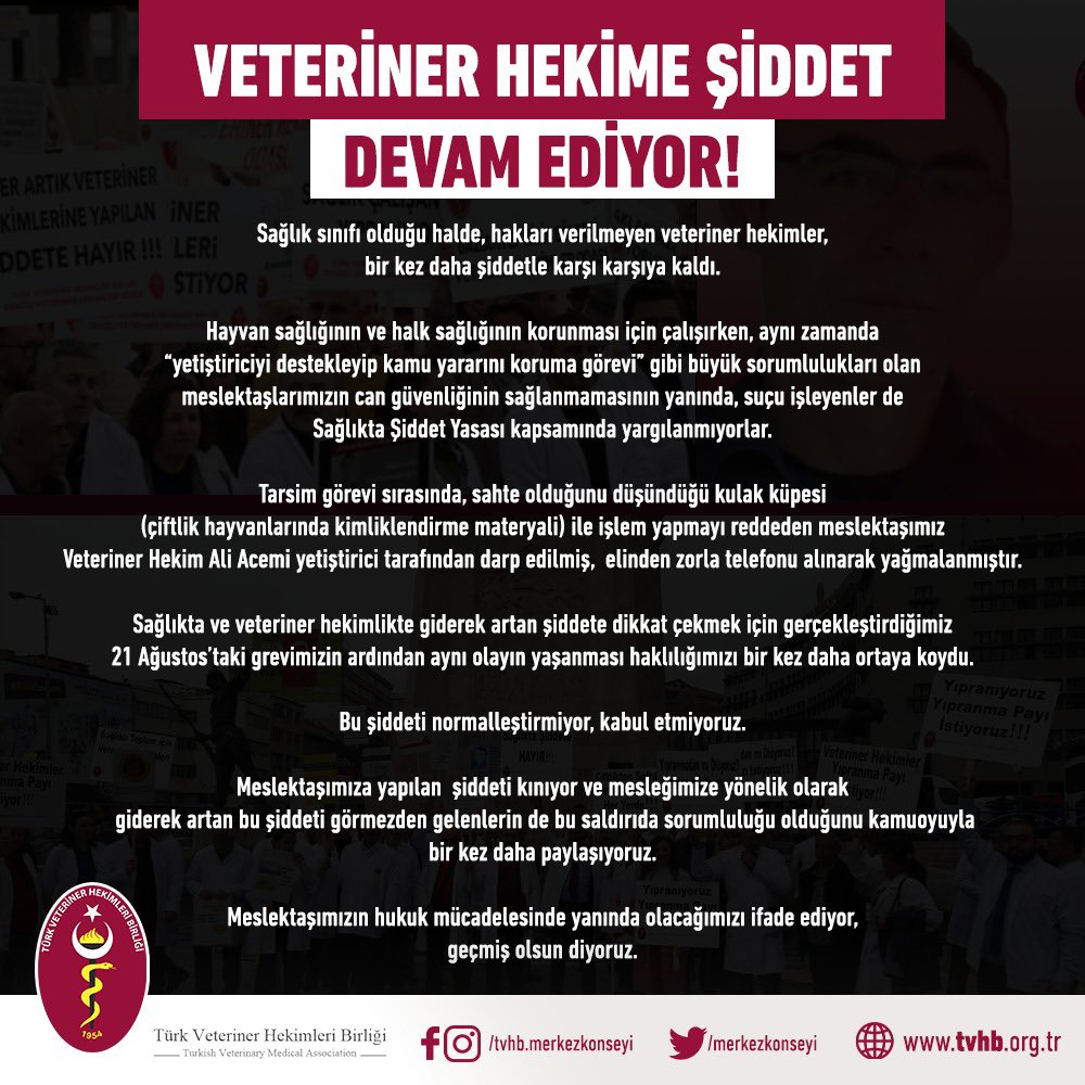 #ŞiddetVarsaVeterinerHekimYok

Sağlık sınıfı olduğu halde, hakları verilmeyen veteriner hekimler, bir kez daha şiddetle karşı karşıya kaldı.

Hayvan sağlığının ve halk sağlığının korunması için çalışırken, aynı zamanda “yetiştiriciyi destekleyip kamu yararını koruma görevi” gibi