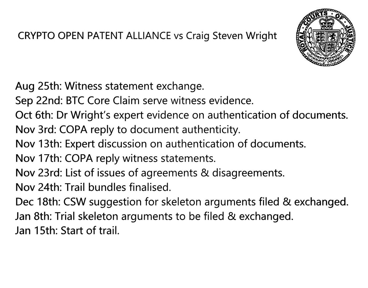 The Largest Court Case In Financial History
Crypto open patent alliance vs Craig Wright
Key dates for the diary...
