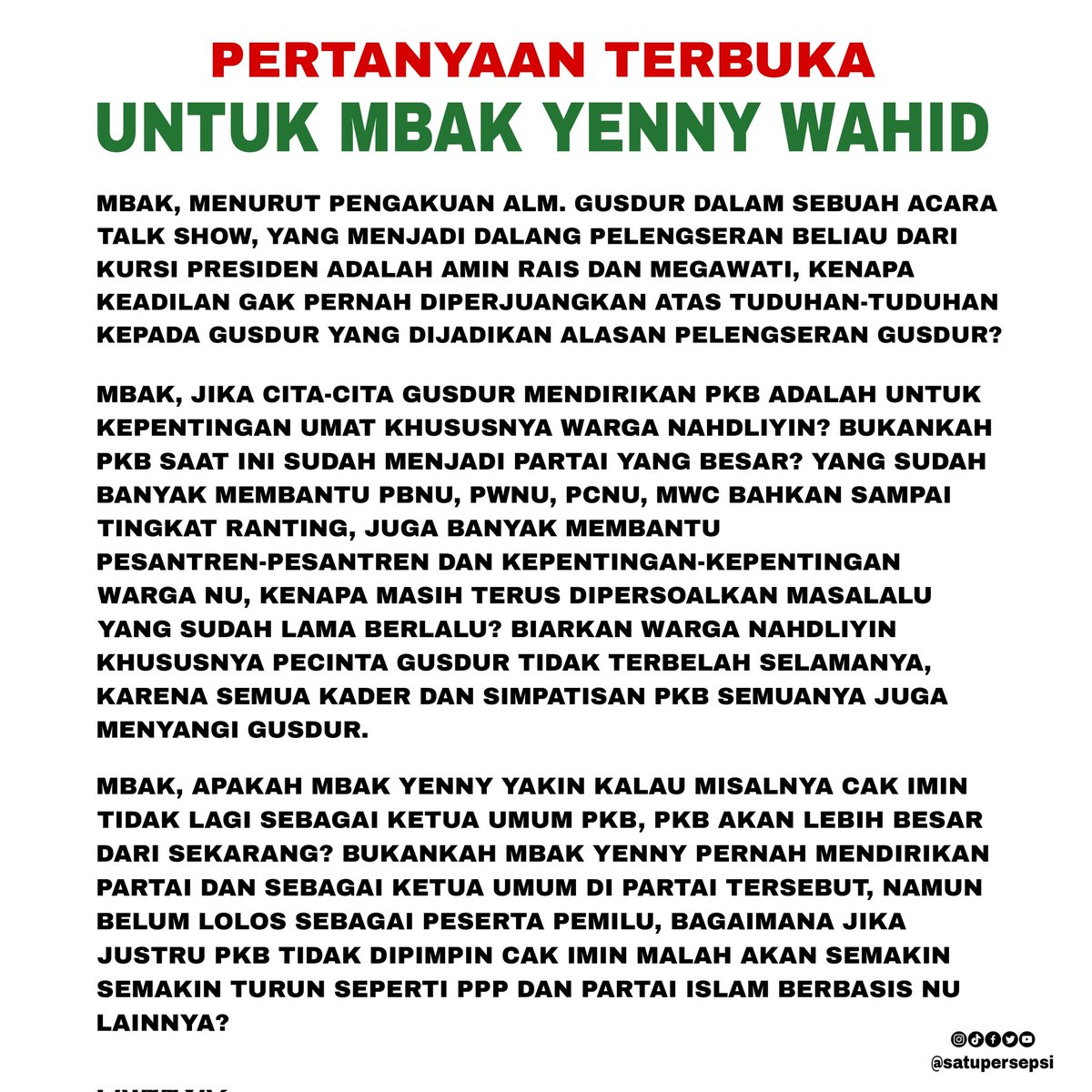 warga_pkb's tweet photo. Pertanyaan terbuka untuk Mbak Yenny Wahid.

Sekaligus kami titipkan kepada mbak Yenny, keadilan untuk Gusdur yang dilengserkan dari Kursi Presiden tanpa terbukti apa kesalahannya hingga saat ini.

#JusticeForGusdur
#MenolakLupa https://t.co/g2acckGR5U