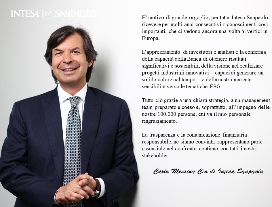 intesasanpaolo's tweet photo. 🥇#IntesaSanpaolo si conferma per @iimag prima in Europa per le relazioni con gli investitori istituzionali, gli analisti finanziari e gli aspetti #ESG e Carlo Messina, CEO del Gruppo, è per il 6° anno il miglior CEO nel settore bancario europeo.
📌https://t.co/uQFM8rF79s https://t.co/cwIiDUZRHo