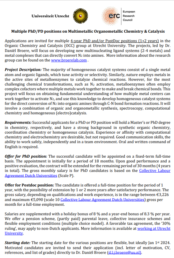 We have multiple openings for PhD and PD positions in Multimetallic Organometallic Chemistry for N2 activation! Sharing is appreciated! Click on the link for more details: tinyurl.com/N2-CONVERT