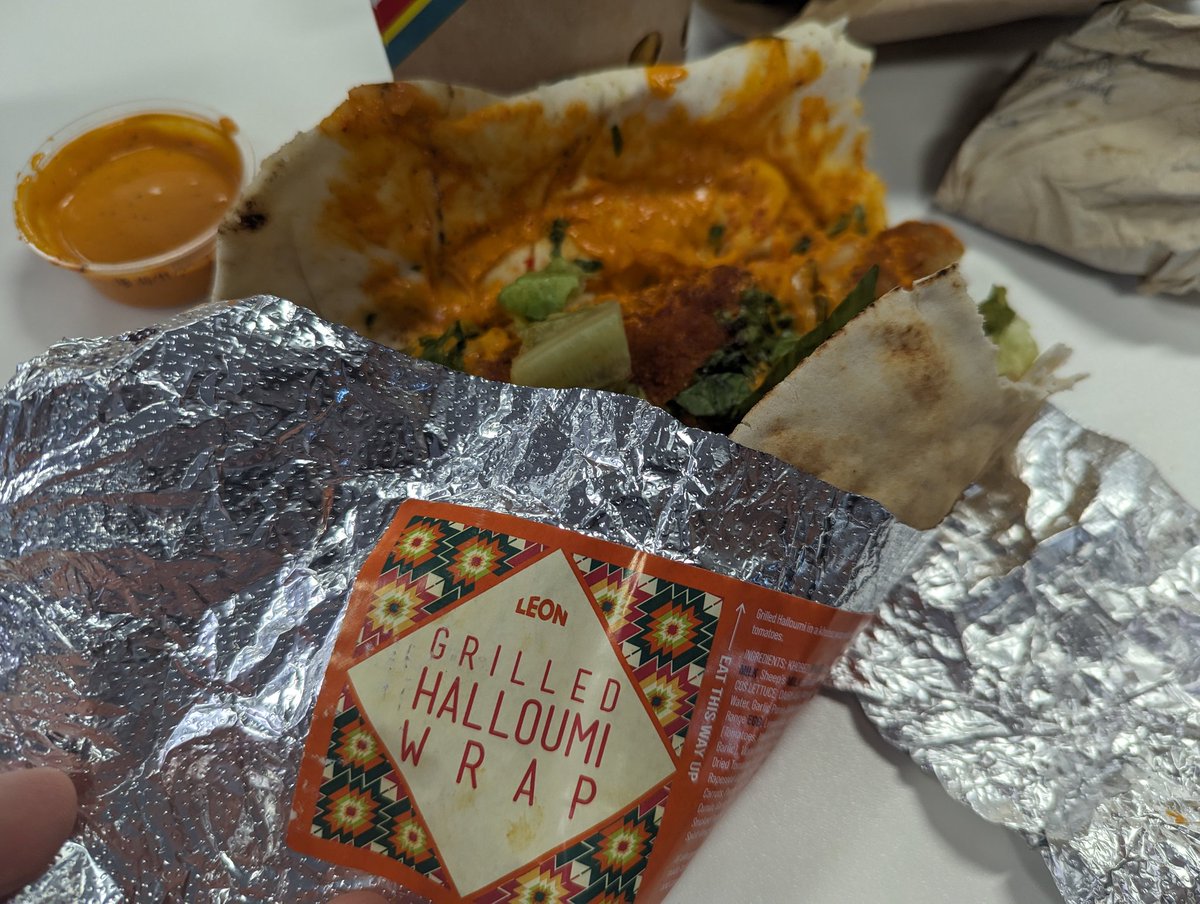 RichyBoyWonder's tweet photo. Hi @leonrestaurants. My Halloumi wrap appears to contain chicken. You also gave me the wrong condiment and completely missed a burger out of my colleague's order. In one lunchtime. Is your Bankside branch having a bad day? https://t.co/kaZ7MhuThD