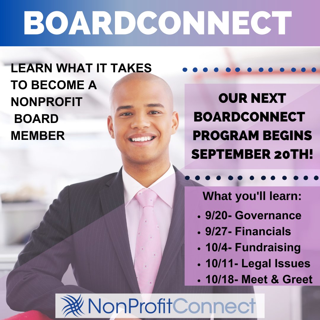 NPConnectNJ's tweet image. Why not begin the fall season with a fresh start as a Board Member? BoardConnect is a training program for folks interested in joining a nonprofit board for the first time or who already serve on a board. Our next program begins Sep. 20th. Register here: ow.ly/otmI50PIrSV