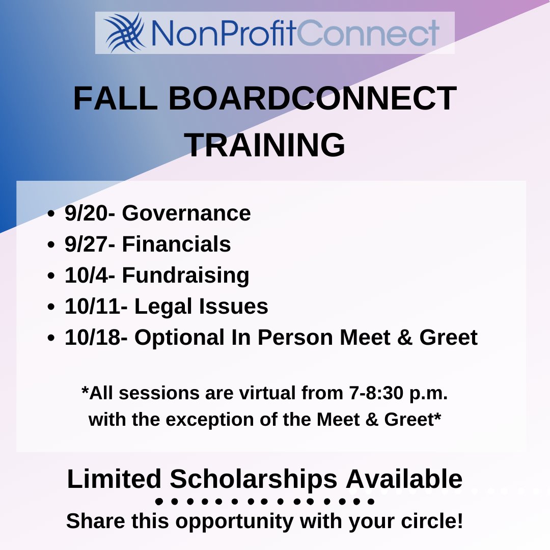 NPConnectNJ's tweet image. Why not begin the fall season with a fresh start as a Board Member? BoardConnect is a training program for folks interested in joining a nonprofit board for the first time or who already serve on a board. Our next program begins Sep. 20th. Register here: ow.ly/otmI50PIrSV