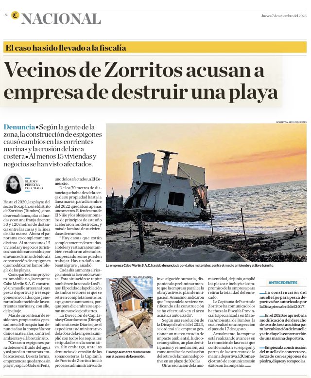 marianocastro's tweet photo. @GabrielPena71 @rmapalacios @MGP_DICAPI @MinamPeru @OEFAperu Vecinos de Zorritos acusan a empresa de destruir una playa
@Gpereyrac 
@MGP_DICAPI debe supervisar, sancionar  e impulsar rehabilitación ambiental . 
Cc @OEFAperu https://t.co/fS7Ajbd3BG