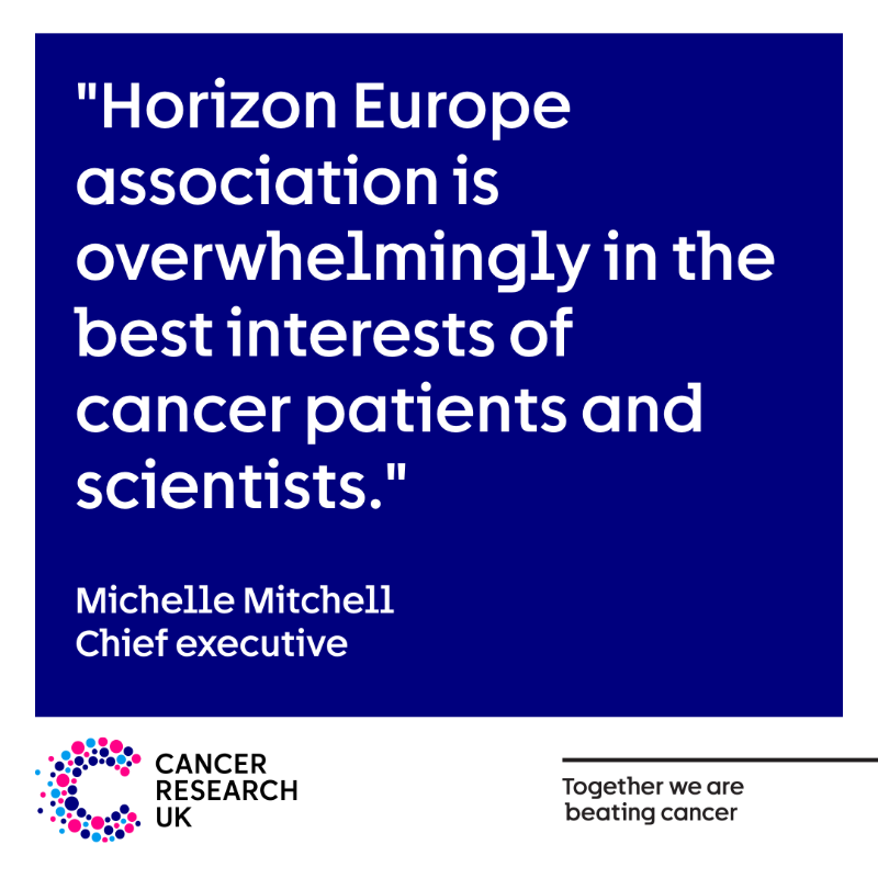 CR_UK's tweet photo. It’s great news for the UK’s research community – and for people affected by cancer – that a deal has been reached for the UK to join the Horizon Europe research programme 🧪

Read more and hear from our chief executive, @Michelle_CRUK 👇