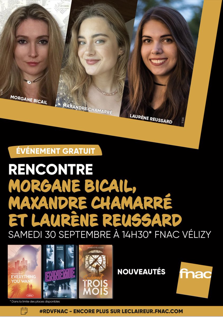 maxandrecha's tweet photo. 📆 De Wattpad à l’édition…

Le 30 septembre prochain, retrouvez-nous, @laurene_rsd, @MorganeBicail et moi à la Fnac de Vélizy 2 pour une rencontre autour de l’écriture sur Internet et de nos expériences de jeunes autrices 🖋️ https://t.co/4BdKC4KsIy