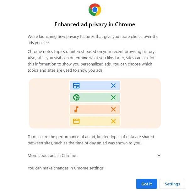 PJTechs's tweet photo. For anyone unaware, Google Chrome is currently rolling out an update that tracks your interests based on browsing history, then shares them with 3rd parties. The notification page makes it sound like a new privacy feature, but it's not! Be sure to OPT OUT. https://t.co/zNEXFke8Vm