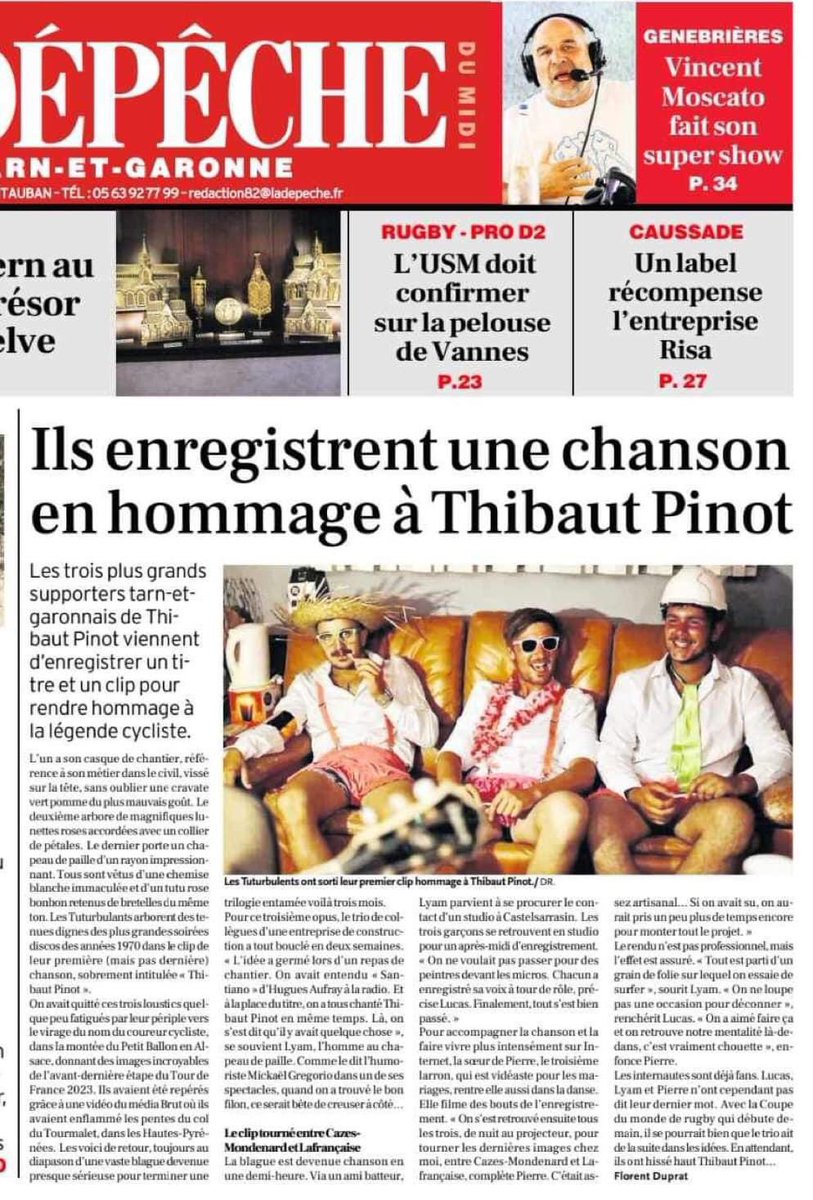 C’est en ne trichant pas que l’on fait la une des kiosques Tarn et Garonnais  <a href="/LaDepeche82/">La Dépêche 82</a>  au côté du grand Moscat’ 🫡 

#fabuleux

🎥 ➡️ youtu.be/cgnQ0La5B3Y?si…

<a href="/UltrasPinot/">Collectif Ultras Pinot</a> <a href="/FFLose/">Fédé 🇫🇷 de la Lose</a> <a href="/ThibautPinot/">PINOT Thibaut</a> <a href="/GroupamaFDJ/">Équipe Cycliste Groupama-FDJ United</a> <a href="/Moscato_Show/">Super Moscato Show</a> <a href="/LeTour/">Tour de France™</a> <a href="/francetvsport/">francetvsport</a>