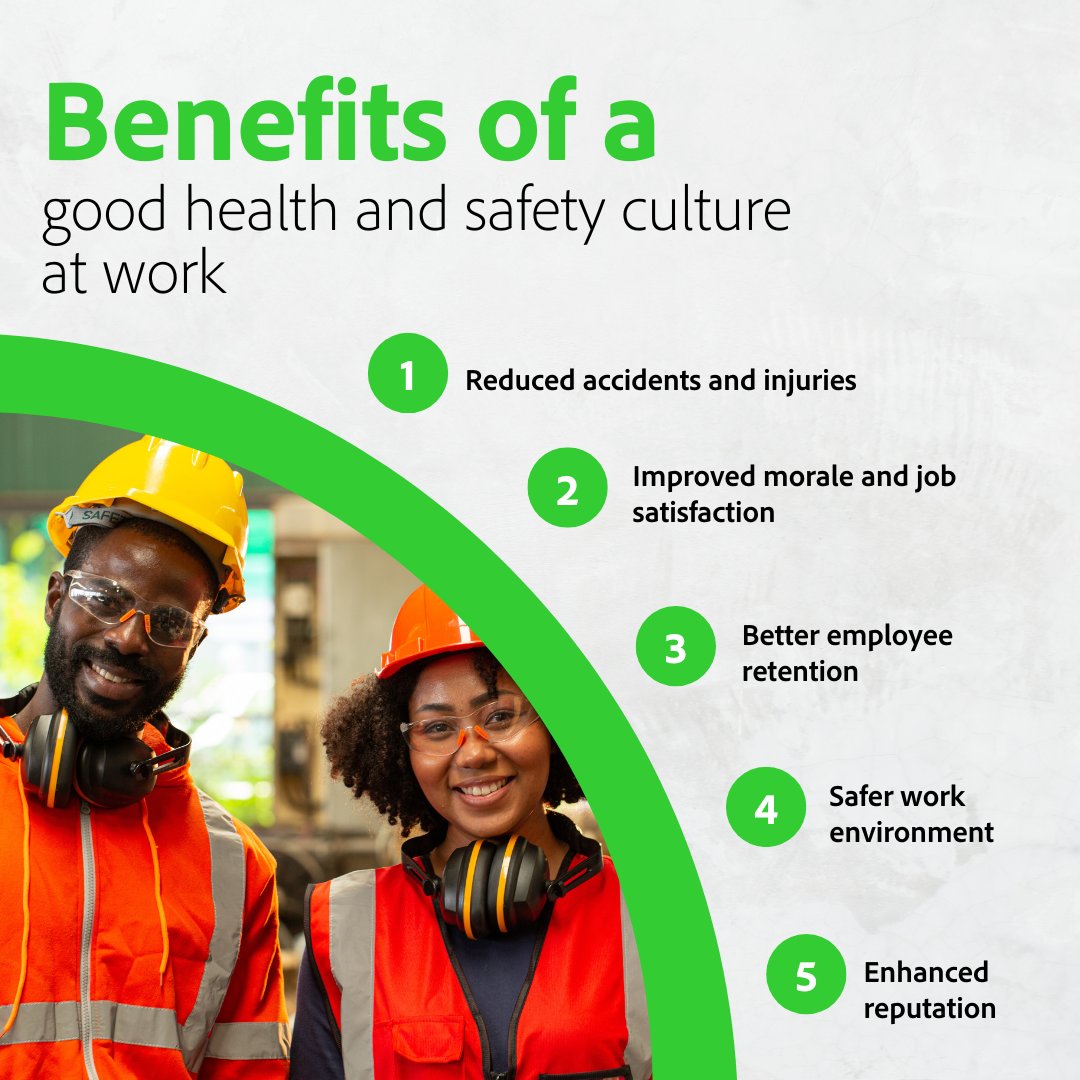 Safety first, success always! Embracing a strong health and safety culture at work has incredible perks: Reduced accidents and injuries, boosted productivity, happy employees and a stellar reputation. #WorkplaceSafety #HealthyWorkCulture #SafetyMatters #EmployeeWellbeing
