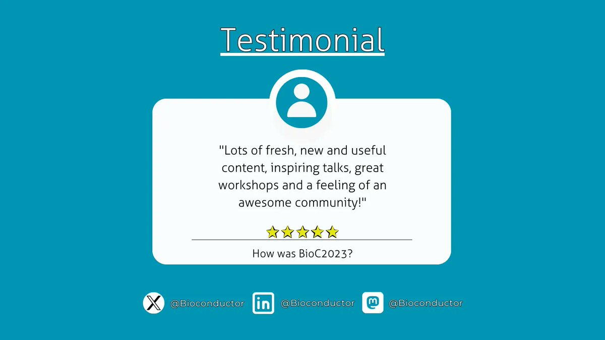 **Testimonial Thursday**

Get involved in the Bioconductor community!! #BioC2023 was a great chance to meet everyone!!

#EuroBioC2023 is coming up!! Definitely a conference not to be missed!!

Check out the EuroBioC2023 Schedule: buff.ly/3MIdJsD