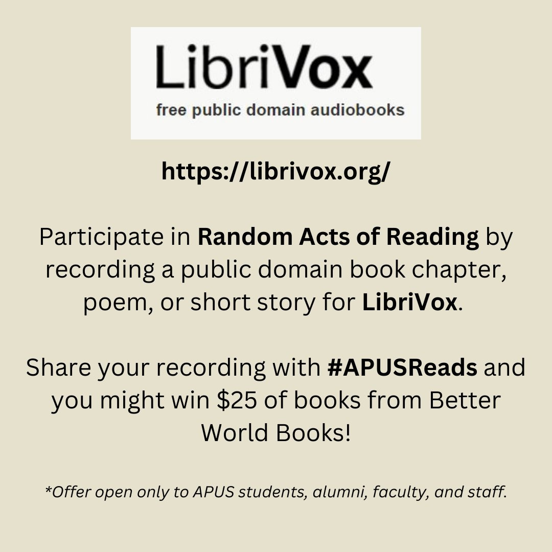 APUS_READ's tweet image. Introducing LibriVox: a company dedicated to becoming "a library of audiobooks" through the use of volunteers reading non-copyrighted works, which are made free and available to the world. 

#APUSReads #librivox #RandomActsofReading 
@AmericanMilU @AmericanPublicU @APUSPRteam