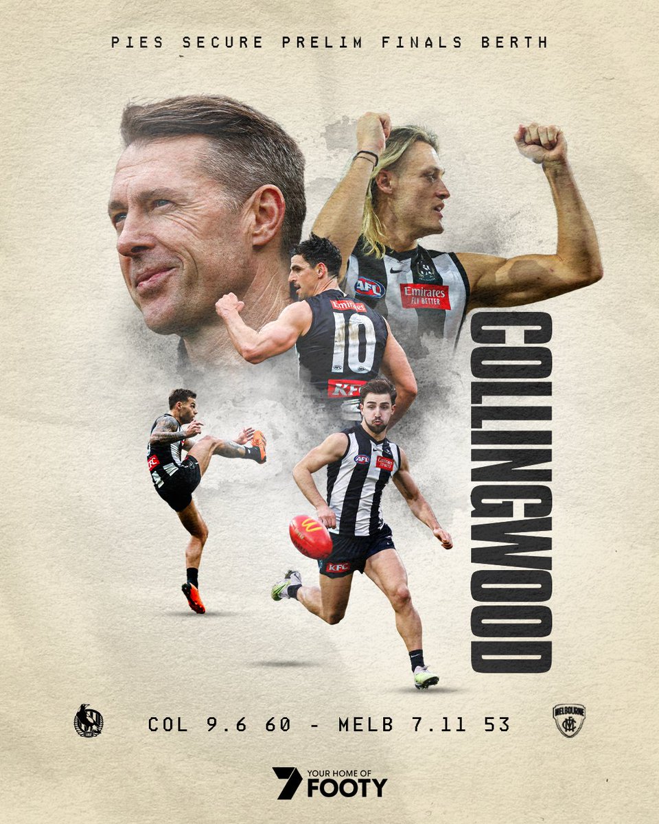 7AFL's tweet photo. The Pies are into a preliminary final!

#AFLPiesDees stats: https://t.co/opMDJG8sc0 https://t.co/JvPA7qPmxO