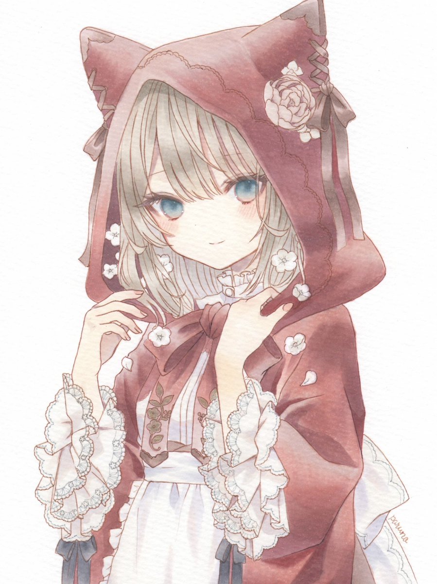 1girl hood solo flower white background smile simple background  illustration images