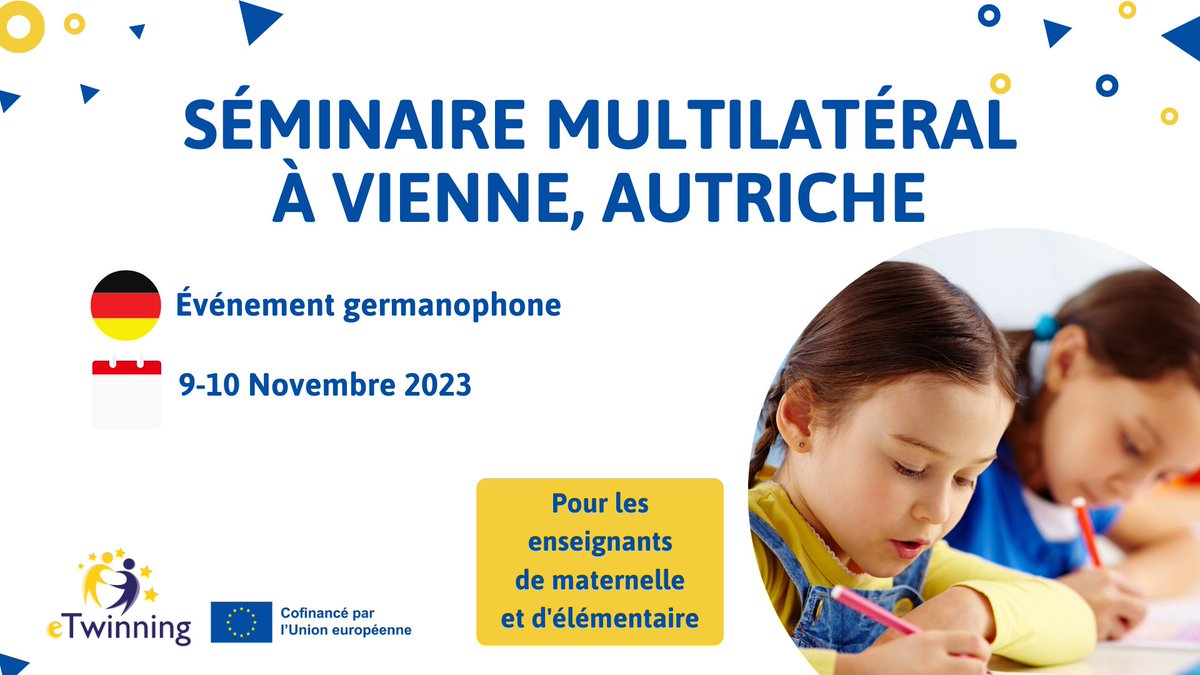 Les candidatures pour un séminaire #eTwinning multilatéral à Vienne sont ouvertes !
📅 9 &amp; 10 novembre 2023
👩‍🏫 enseignant(e)s de maternelle &amp; d'élémentaire
🇩🇪 événement germanophone
Inscrivez-vous ici : etwinning.fr/actualites-nat… #TeamPe