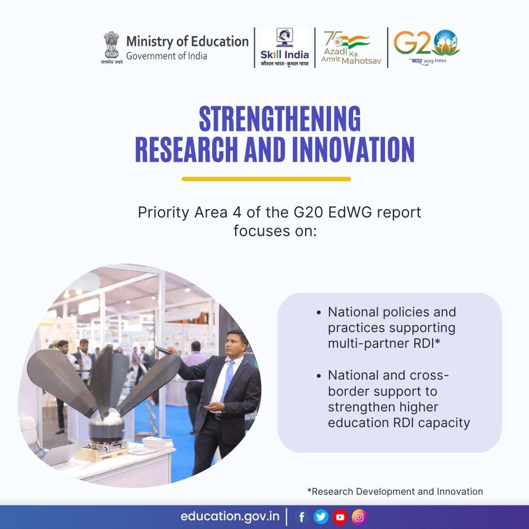 EduMinOfIndia's tweet photo. #G20India: PA 4 of the #G20 #EdWG aims to strengthen Research and Innovation in HEIs for inclusive and sustainable growth. It proposes joint academic and research initiatives, including Twinning, Dual degree programs, faculty, and student mobility, as outlined in the Outcome Document and Chair’s Summary. The EdWG Report also highlights the importance of higher education in advancing research and innovation through cross-border cooperation.

▶️Know more about the initiatives here: 
✅EdWG Report: https://t.co/l41ur1BhaB 
✅EdWG Compendium: https://t.co/qkWp3gI3jO

#G20Edu4All #EdWG20MadeEasy #G20IndiaMoments @g20org