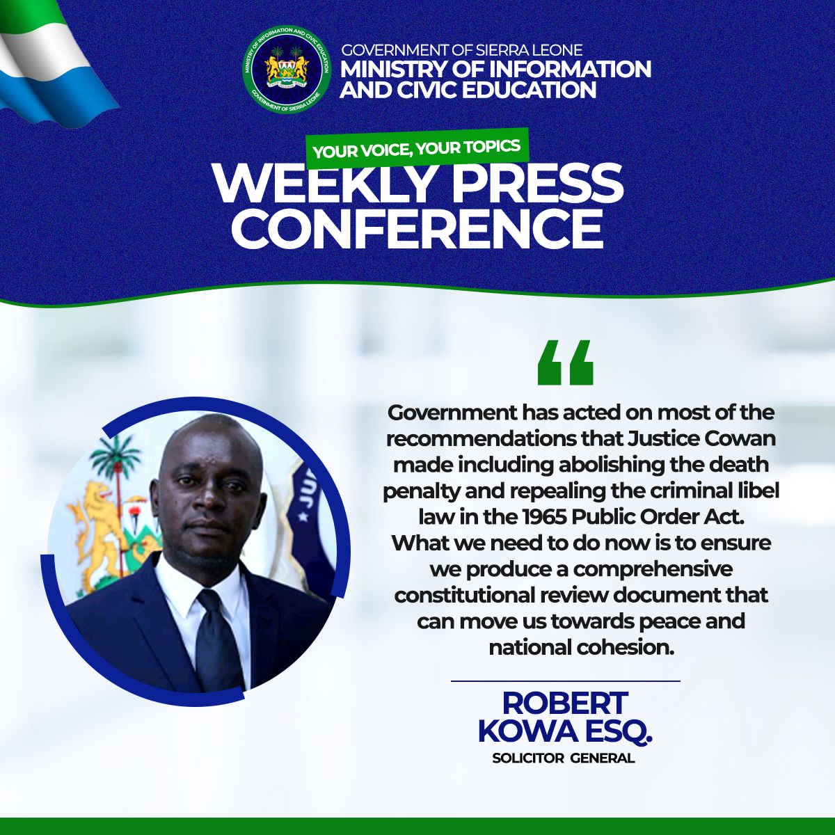 MoiceComm's tweet photo. Quote bubbles from our  weekly #government  conversation with the #press this week. https://t.co/dttptI4HUM 
#yourvoice #yourtopic #MoICE  #NaUGetDiGovernment #SierraLeone 
#SaloneX @SLAJ_Salone 
@icpncsl @sallysamai 
@dsengeh @PresidentBio @Cee_Bah https://t.co/2F6K6EGSBh