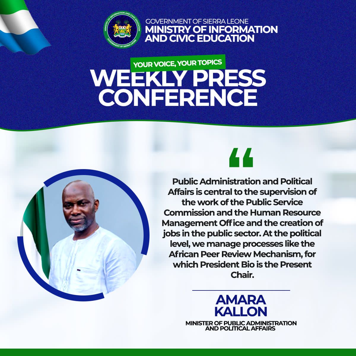 MoiceComm's tweet photo. Quote bubbles from our  weekly #government  conversation with the #press this week. https://t.co/dttptI4HUM 
#yourvoice #yourtopic #MoICE  #NaUGetDiGovernment #SierraLeone 
#SaloneX @SLAJ_Salone 
@icpncsl @sallysamai 
@dsengeh @PresidentBio @Cee_Bah https://t.co/2F6K6EGSBh