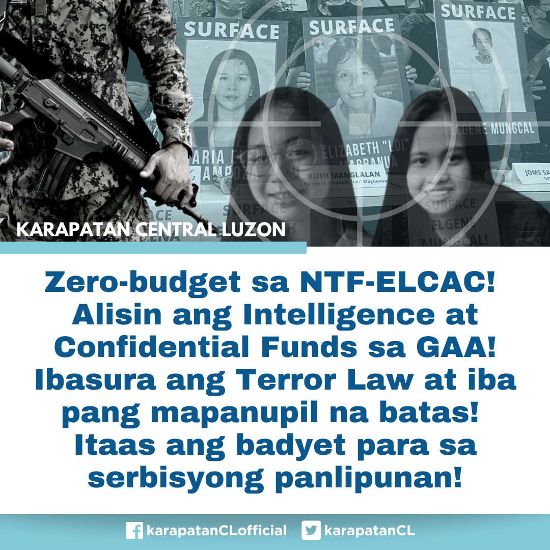 karapatanCL's tweet photo. "Zero-budget sa NTF-ELCAC! Alisin ang Intelligence at Confidential Funds sa GAA! Ibasura ang Terror Law at iba pang mapanupil na batas! Itaas ang badyet para sa serbisyong panlipunan!”— Armando Cadano, Tagapagsalita ng Karapatan Gitnang Luson https://t.co/9yRn3I2sox