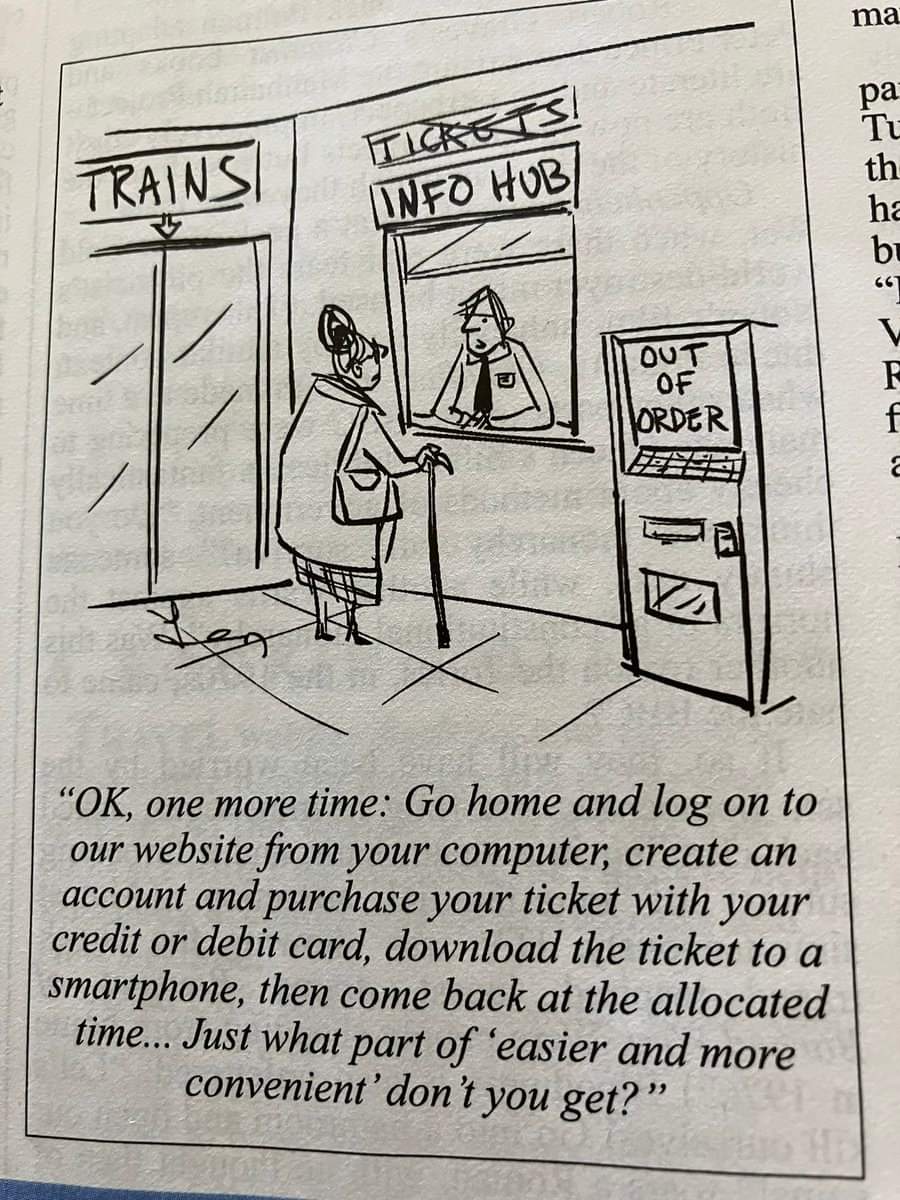jjowensdev's tweet photo. #TUAG Train Offices. This cartoon is from Private Eye, where a ticket machine is out of order and a woman is trying to buy a ticket. https://t.co/jsm8qi6nvN