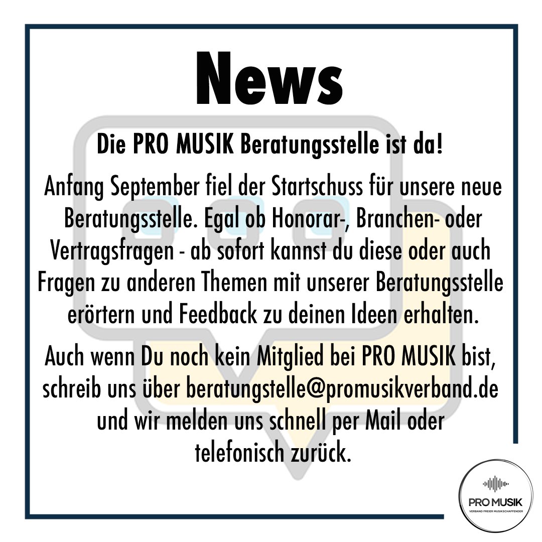 ProMusikVerband's tweet photo. Die PRO MUSIK Beratungsstelle ist da! 
 
Ab sofort kannst du diverse Fragen zur Musikbranche mit unserer Beratungsstelle erörtern.
 
Schreib uns über beratungstelle@promusikverband.de und wir melden uns schnell per Mail oder telefonisch zurück.
 
#promusik #ichbinpromusik https://t.co/CBAsW6cPeX