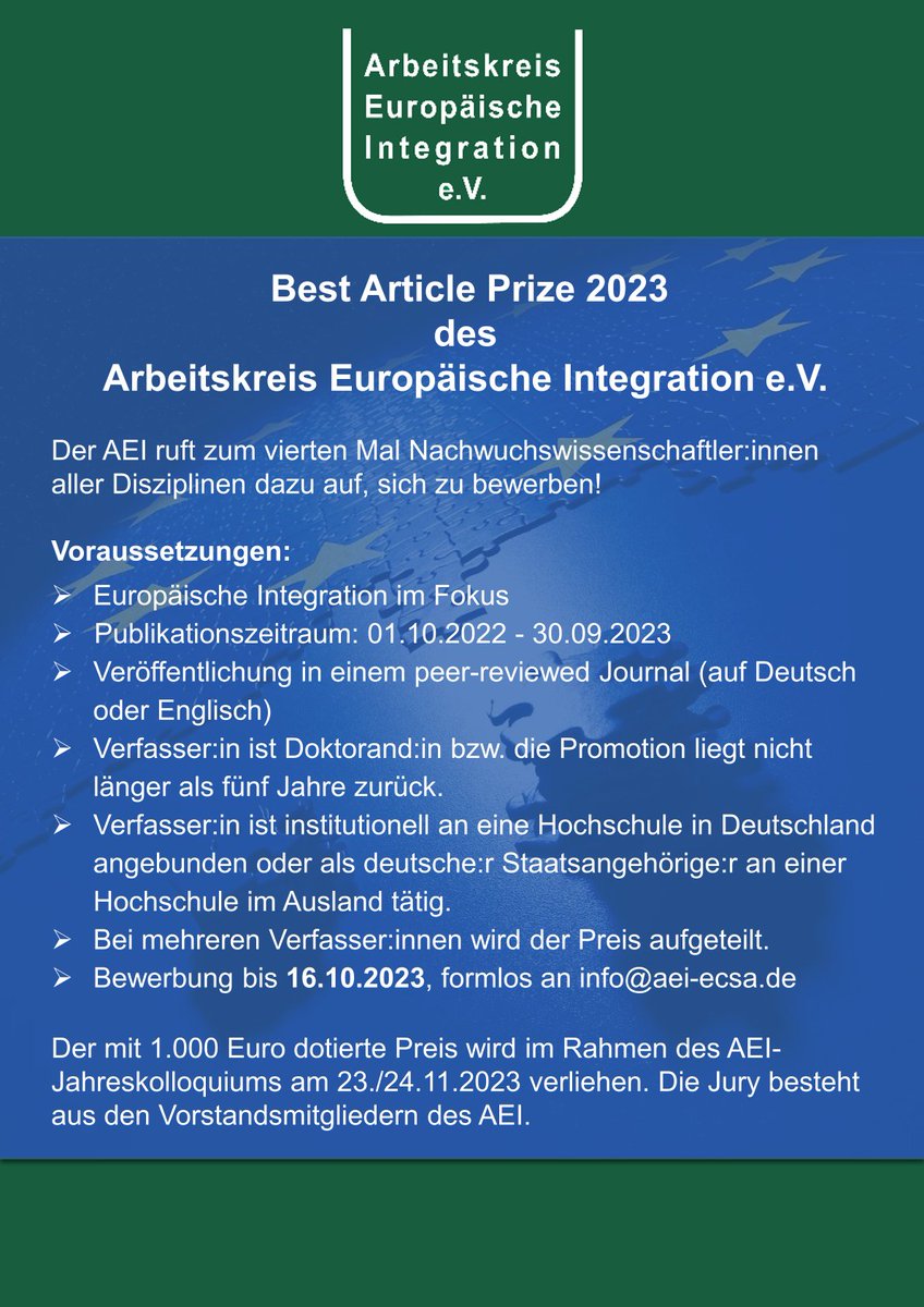 Preisausschreibung des AEI: Best Artice Prize 2023
Zum vierten Mal wollen wir herausragende Leistungen junger Wissenschaftler:innen mit einem Preisgeld und einer Verleihung auf unserem Jahreskolloquium bedenken. Alle Infos finden Sie hier: aei-ecsa.de/best-article-p…