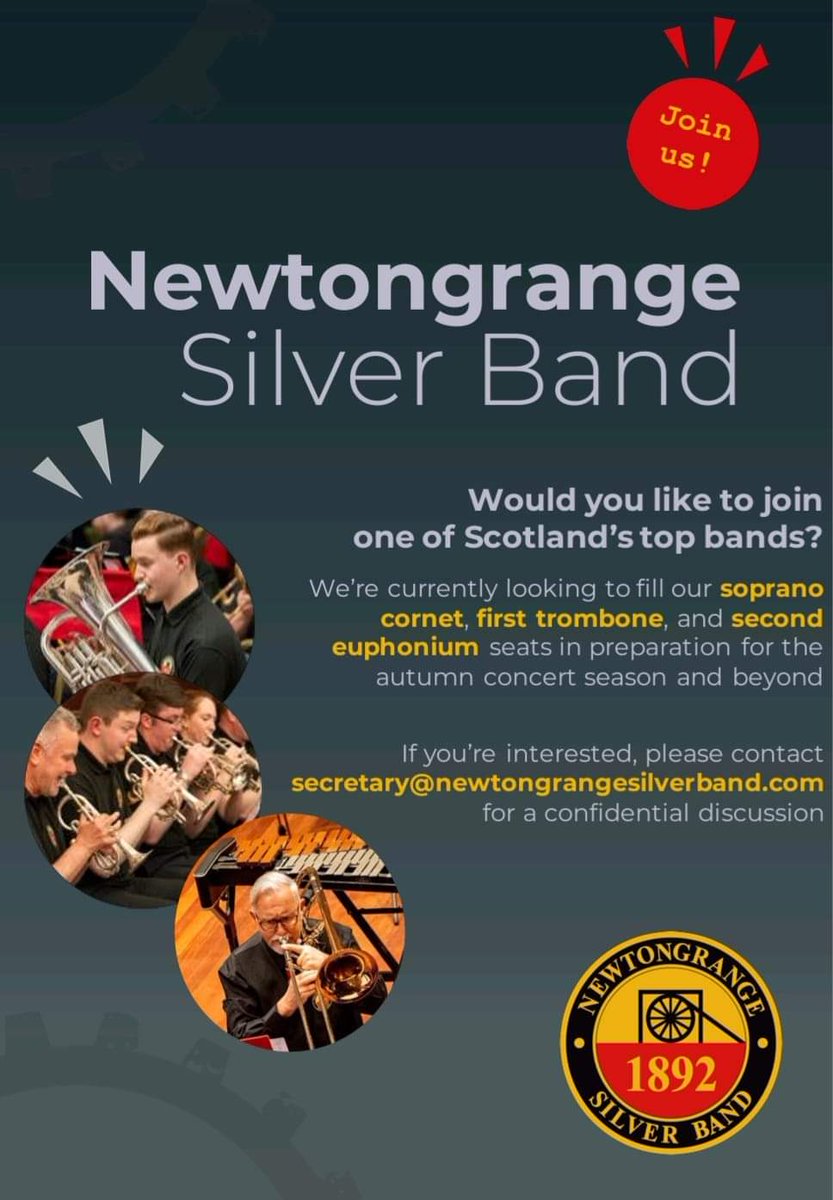 NittenSilver's tweet photo. Vacancies at Newtongrange Silver : Soprano Cornet, 1st Trombone, 2nd Euphonium. Contact secretary@newtongrangesilverband.com to discuss
❤️💛🖤

@echairs @4barsrest @TheSBBA @EoSbba https://t.co/3bQaGe4uwK