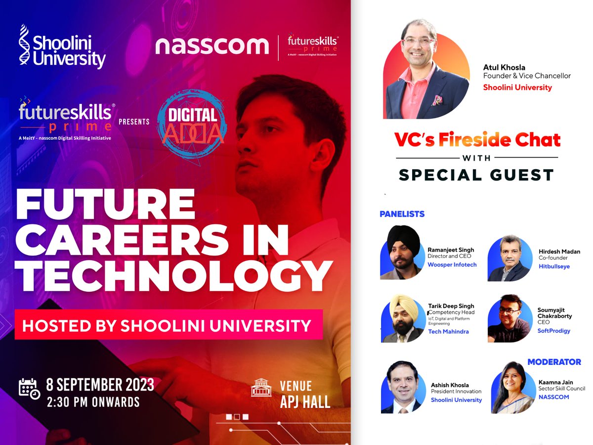 #Shoolini /University, in collaboration with the #Nasscom Membership Team & FutureSkills Prime, presents an exclusive Industry-Academia connect event titled 'Digital Adda' on the topic: Future Careers in Tech. 
Save the date: 8th September ✨

#DigitalAdda #FutureSkillsPrime