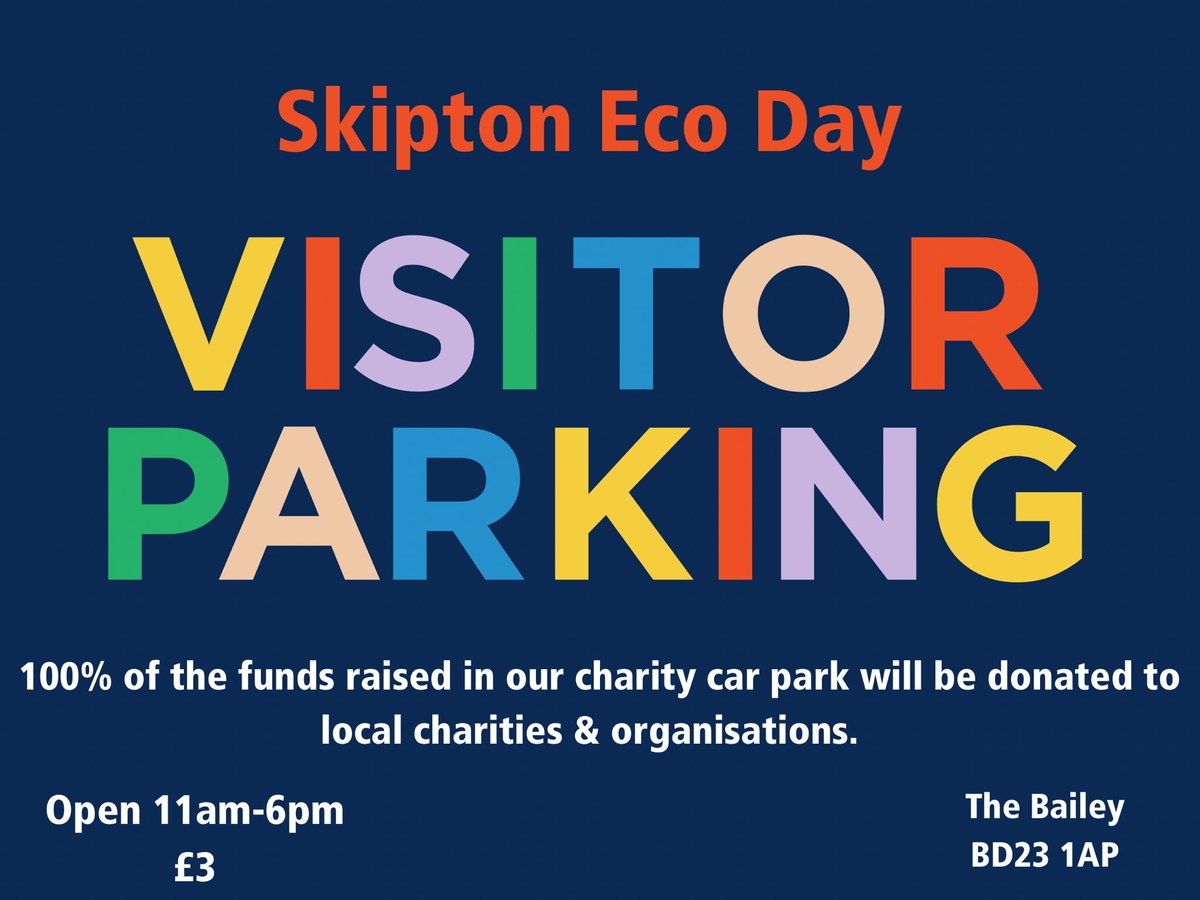 Are you visiting Skipton this Sunday? 

Volunteers will be ready to welcome you in our charity car park. 

Only £3

Open 11am - 6pm.

A short walk to Skipton Town Hall where Skipton Eco Day will be.

100% of funds are donated to local charities &amp; causes. 

The Bailey, BD23 1AP.