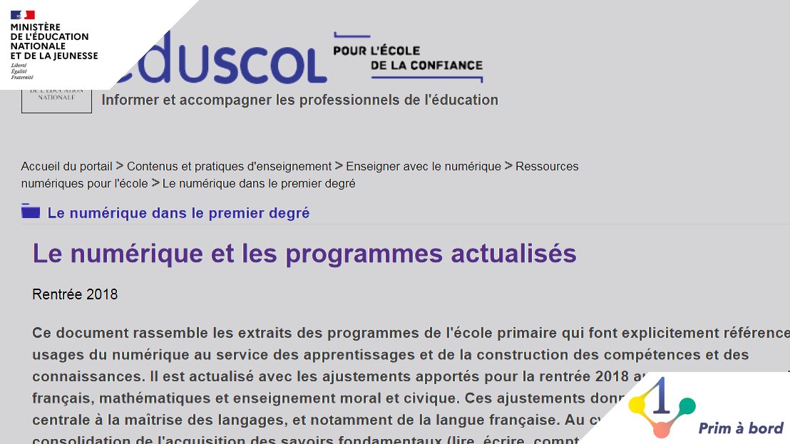 Les indispensables de la rentrée |  2⃣/🔟

📌 Le numérique dans les programmes

▶️ À retrouver sur le site #Primàbord

✅ Extraits des programmes de l’école primaire qui font explicitement référence aux usages du numérique
✅ Contenus décrits pour chaque cycle avec les attendus
