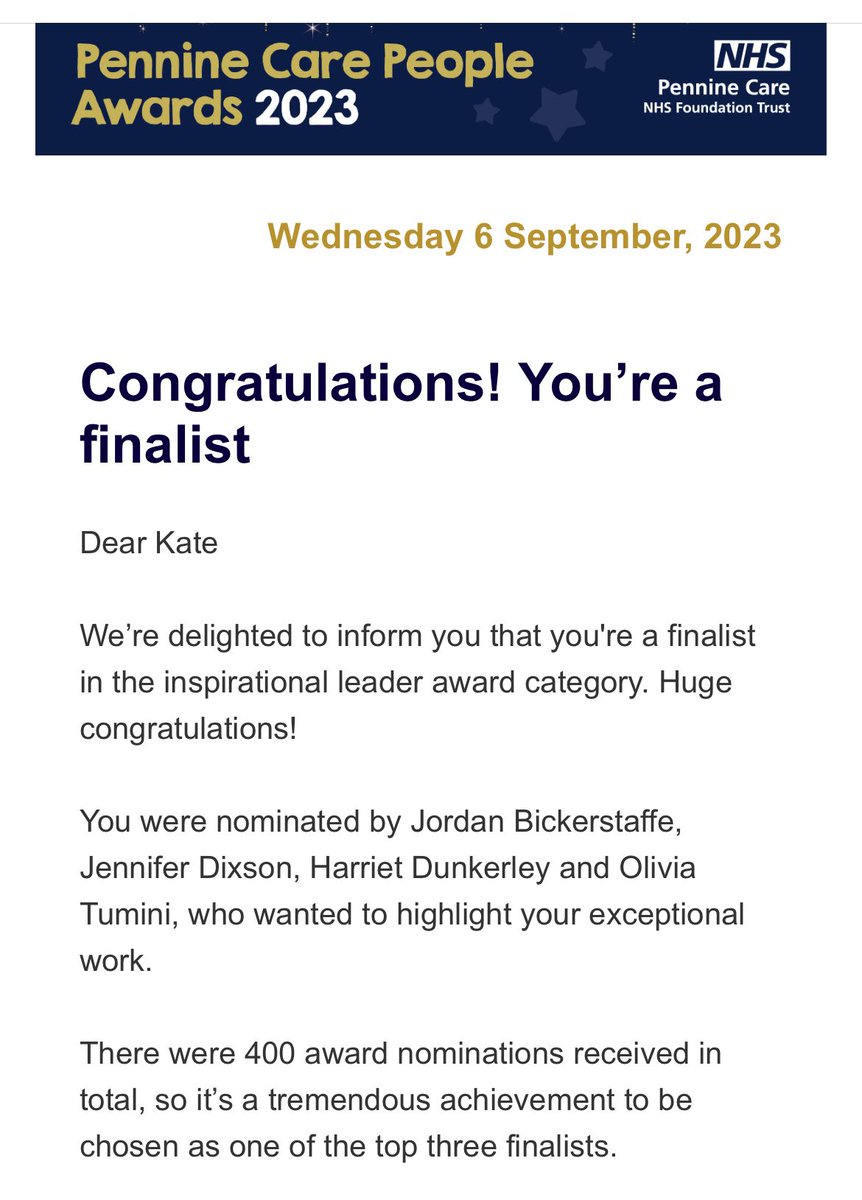 Kate Tasker 💙 (@nursektasker) on Twitter photo I’m chuffed to bits to have made it to the final 3 for the Pennine Care Inspirational Leader Award !
A leader is nothing without a great team. And mine really are the BEST 💟#StockportMHST #PennineCarePeople <a href="/PennineCareNHS/">Pennine Care NHS FT</a> I’m chuffed to bits to have made it to the final 3 for the Pennine Care Inspirational Leader Award !
A leader is nothing without a great team. And mine really are the BEST 💟#StockportMHST #PennineCarePeople <a href="/PennineCareNHS/">Pennine Care NHS FT</a>
