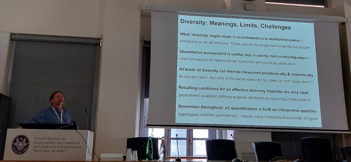 SilviaCDobre's tweet photo. Very engaging talk from Andy Stirling @SPRU on the limits & challenges for #Diversity assessment in #Scientometrics at #ESSS #ESSS23 #ESSS2023 #summerschool in #Rome, highlighting the importance of mapping diversity alongside attributes of elements, reflecting on truth and power https://t.co/yXLf2cGqwr