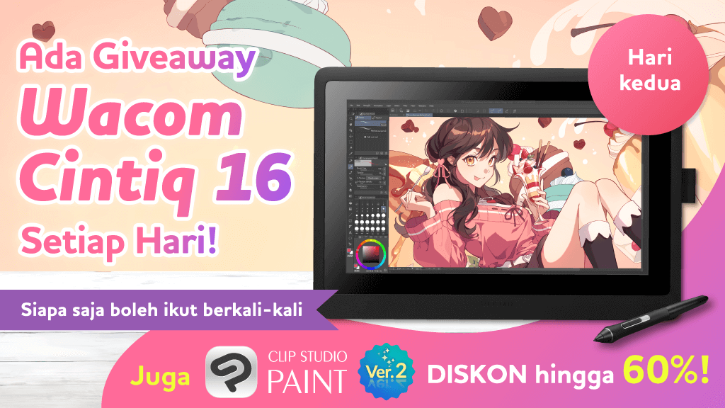 Giveaway Wacom Cintiq 16 setiap hari! Follow &amp; RT postingan ini. Semua boleh ikut berkali-kali. Kesempatan tinggal 5x lagi! Promo Terbatas CLIP STUDIO PAINT DISKON Hingga 60% berlangsung s/d 12 September 15.00 WIB. Klik lebih lanjut: clipstudio.net/promotion/give…