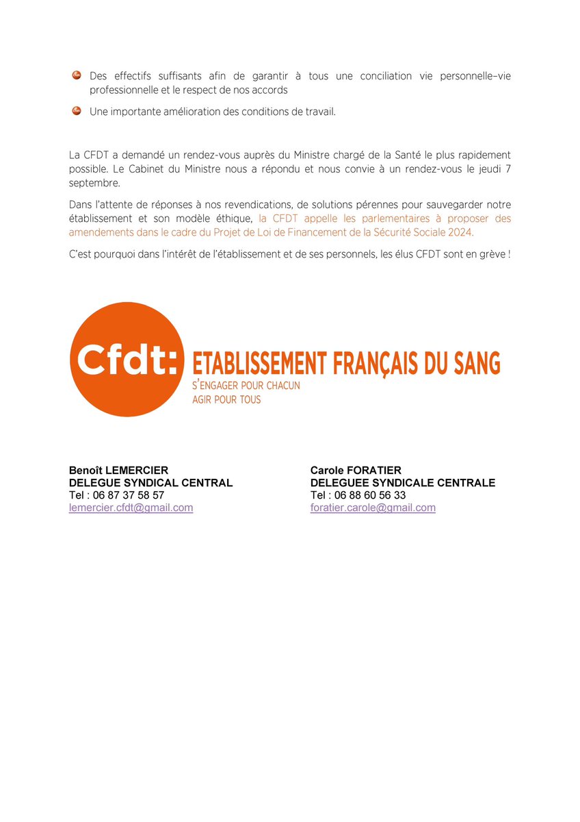 🚨Communiqué de presse 🚨l’@EFS_dondesang et ses personnels, à bout de souffle, à l’agonie, appellent une nouvelle fois à l’aide et l’état regarde ailleurs. @DonSangBenevole #dondusang @aur_rousseau @AFH_Officiel @CFDTsantesoc