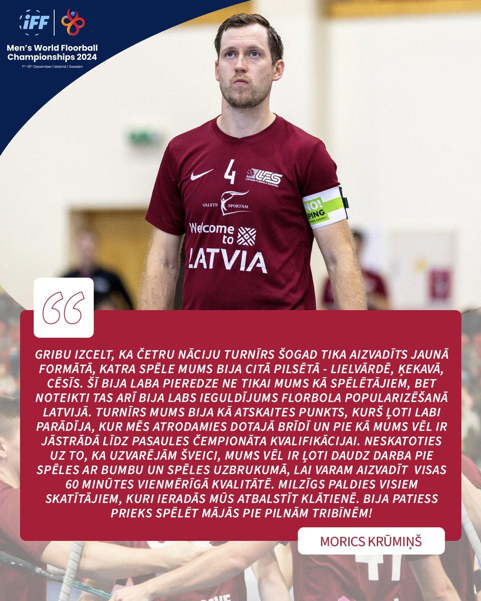 🇱🇻 Morics Krūmiņš izcēla Četru nāciju turnīra jauno formātu un pateicās līdzjutējiem par atbalstu

#florbols #floorball #wfc2024