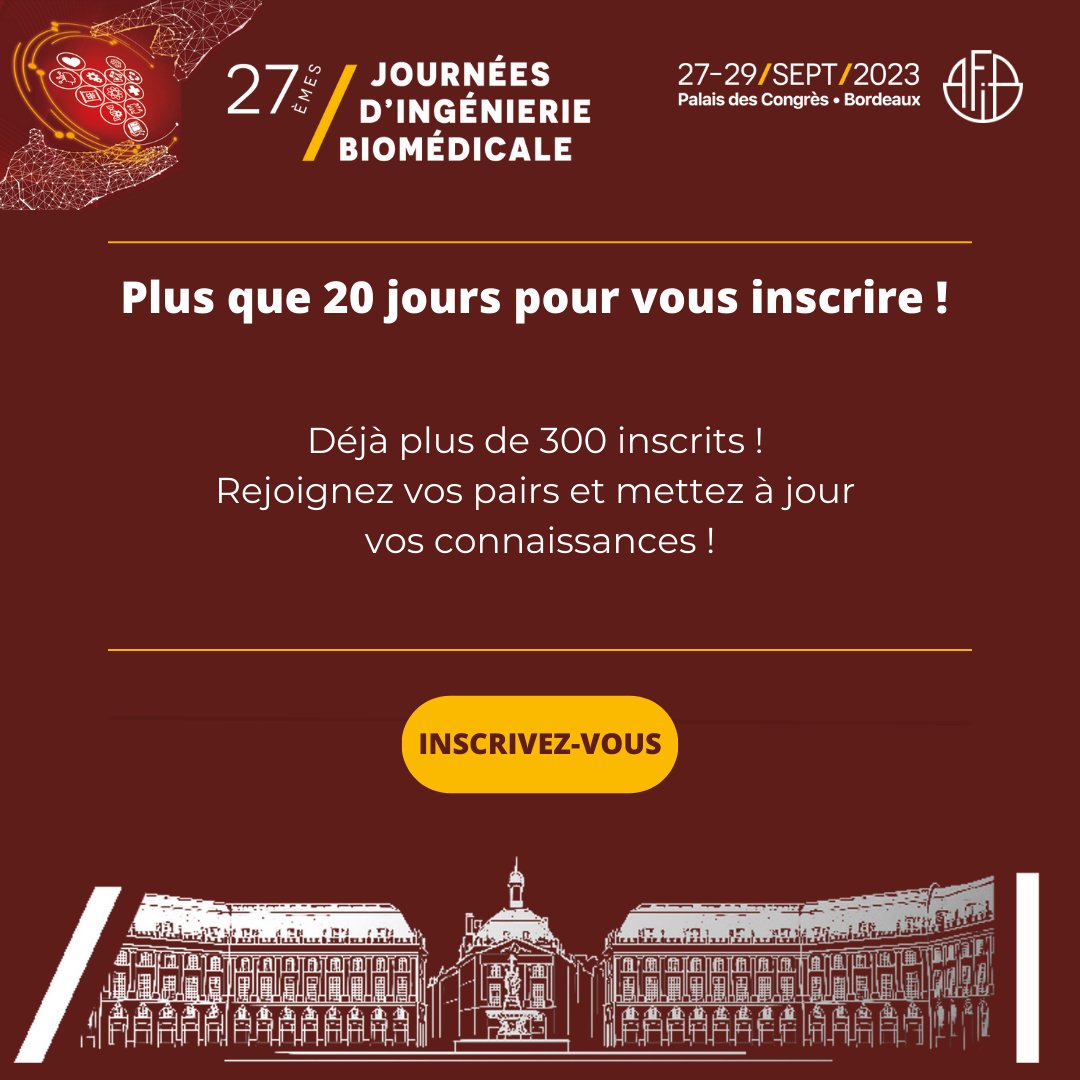 🚨 Plus que 20 jours pour vous inscrire au Congrès AFIB 2023 !

🌍 Mettez à jours vos connaissances (7 plénières, 35 ateliers) et rencontrez 130 industriels exposants.

S'inscrire 👉 bit.ly/3qza0Gu

#biomedical #ingebio #sante #afib2023