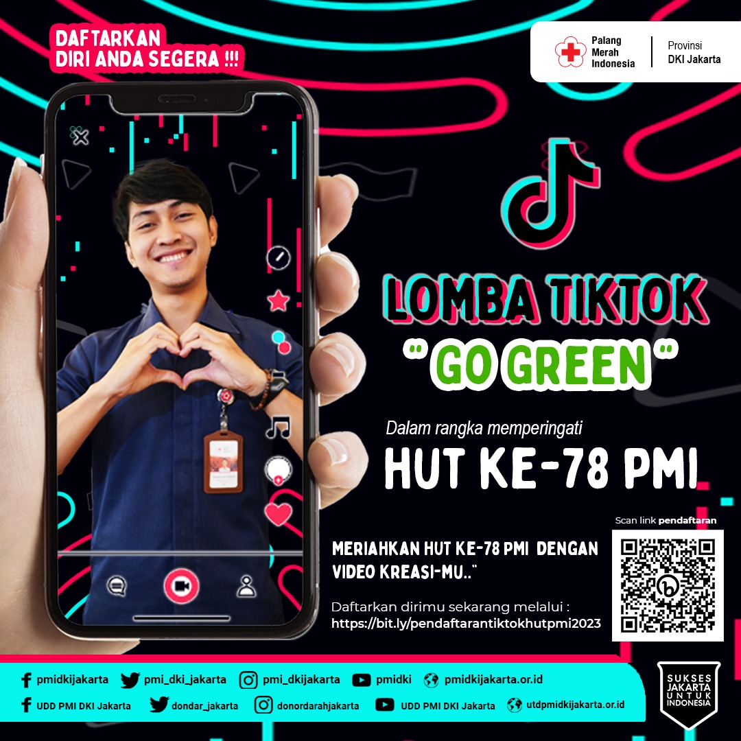 dondar_jakarta's tweet image. Halo sobat muda PMI
Setiap tanggal 17 September diperingati sebagai Hari Ulang Tahun Palang Merah Indonesia.

Dalam rangka HUT Ke-78 tahun Palang Merah Indonesia (PMI) ini, PMI Provinsi DKI Jakarta mengajak #sobatPMI untuk berpartisipasi dalam Lomba TikTok dengan

Tema : Go Green